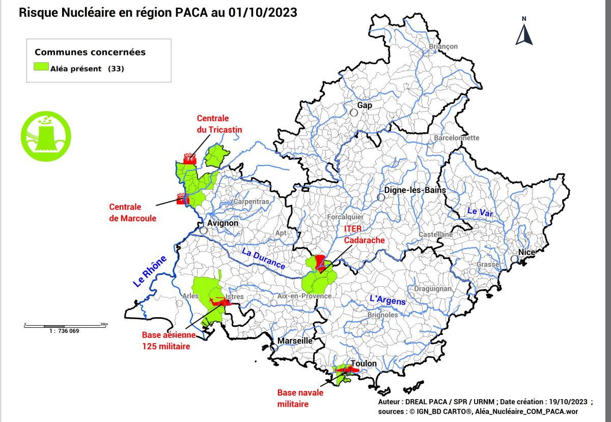 Localisation des principaux sites nucléaires impactant la région PACA