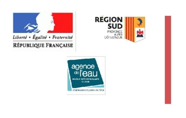Logos des partenaires financiers du PEP Verdon : Etat, Région SUD PACA et Agence de l'Eau Rhône Méditerranée Corse (AE RMC) 
