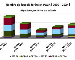 Nombre de feux de forêt recensés en PACA et par dpt sur la période 2000 - 2024 [ graphique détaillé par période ]