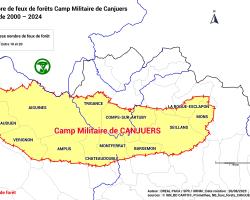 Zoom géographique sur le camp militaire de Canjuers concernant les 17 feux de forêt survenus entre 2000 et 2024 principalement au niveau des communes varoises de Combs-sur-Artuby, Mons, Seillans et Vérignon