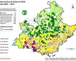 Représentation cartographique du nombre de feux de forêts en PACA par commune depuis 2000 d'après la BD IFF [ https://bdiff.agriculture.gouv.fr/ ] :  sur les 15 803 feux enregistrés, on en compte plus de 100 dans les communes suivantes : Lantosque, Nice, Aix, Aubagne, Cabriès, la Ciotat, Fuveau, Gardanne, Istres, Marseille, Martigues, Miramas, les Pennes-Mirabeau, Rognac, Septèmes-les-Vallons, Vitrolles, Draguignan, Lorgues et Toulon