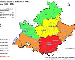 Représentation cartographique des classes de surface de forêts brûlées par département sur la période 200 - 2004 => 427 Km ²  en PACA dont plus de la moitié concerne le département du Var avec 241 Km²