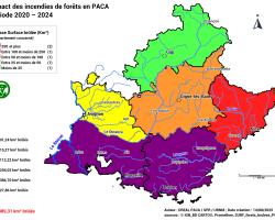 Représentation cartographique des classes de surface de forêts brûlées par département sur la période 2000 - 2024 => 889 Km ² en PACA dont la répartition est la suivante : 91 km² dans le département des Alpes-de-Haute-Provence, 15 Km² dans celui des Hautes-Alpes, 112 Km² dans celui des Alpes-Maritimes, 256 Km² dans celui des Bouches-du-Rhône, 387 Km² dans celui du Var et 28 Km² en Vaucluse