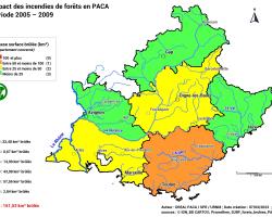 Représentation cartographique des classes de surface de forêts brûlées par département sur la période 2005 - 2009 => 151 Km ²  en PACA dont la majorité concerne les départements des Bouches-du-Rhône avec 44 Km² et du Var avec 58 Km²