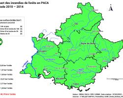 Représentation cartographique des classes de surface de forêts brûlées par département sur la période 2010 - 2014 => 44 Km ²  en PACA dont la majorité concerne les départements des Alpes-Maritimes avec 8 Km² et des Bouches-du-Rhône avec 23 Km² 