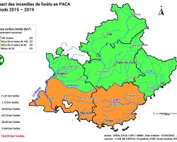 Représentation cartographique des classes de surface de forêts brûlées par département sur la période 2015 - 2019 => 163 Km ²  en PACA dont la majorité concerne les départements des Bouches-du-Rhône avec 63 Km² et du Var avec 50 Km²