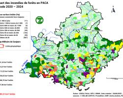Représentation cartographique des classes de surface de forêts brûlées par commune sur la période 2000 - 2024 => les communes les plus impactées, avec plus de 1 000 Ha brûlés en 25 ans, sont dans le dpt 04 : Esparron-de-Verdon, dans le dpt 06 : Lucéram, dans le dpt 13 : Châteauneuf-les-Martigues, Graveson, Marseille, Martigues, Rognac, le Rove et Velaux , dans le dpt 83 :  Aiguines, Artigues, le Cannet-des-Maures, Fréjus, la Londe-les-Maures, la Motte et Vidauban et dans le dpt 84 : la Bastidonne
