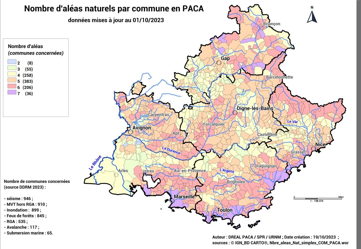 Nombre d'aléas naturels par commune en PACA (source DDRM)