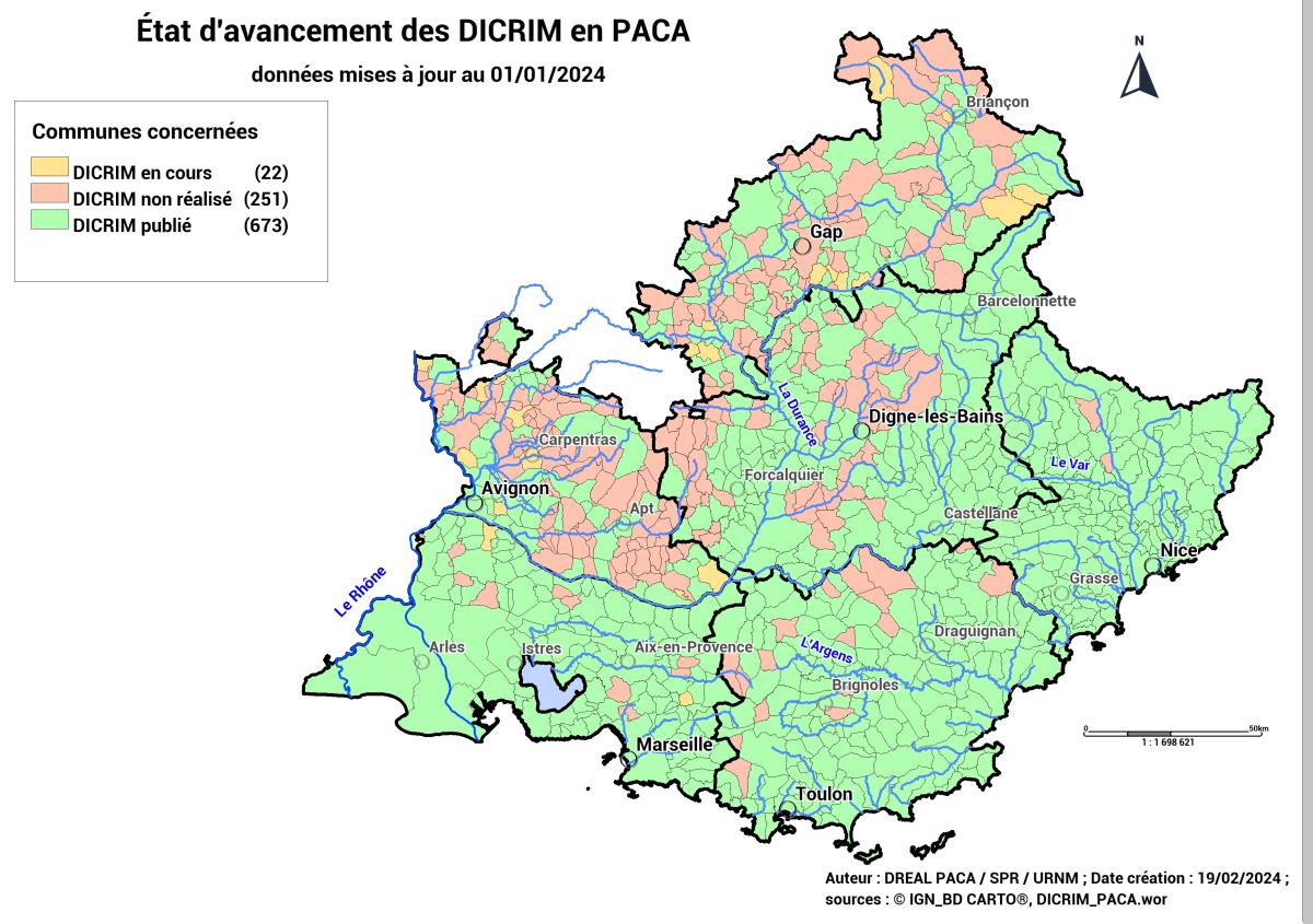 Cartographie de l'état d'avancement des DICRIM en PACA : 673 publiés, 22 en cours et 251 non réalisés