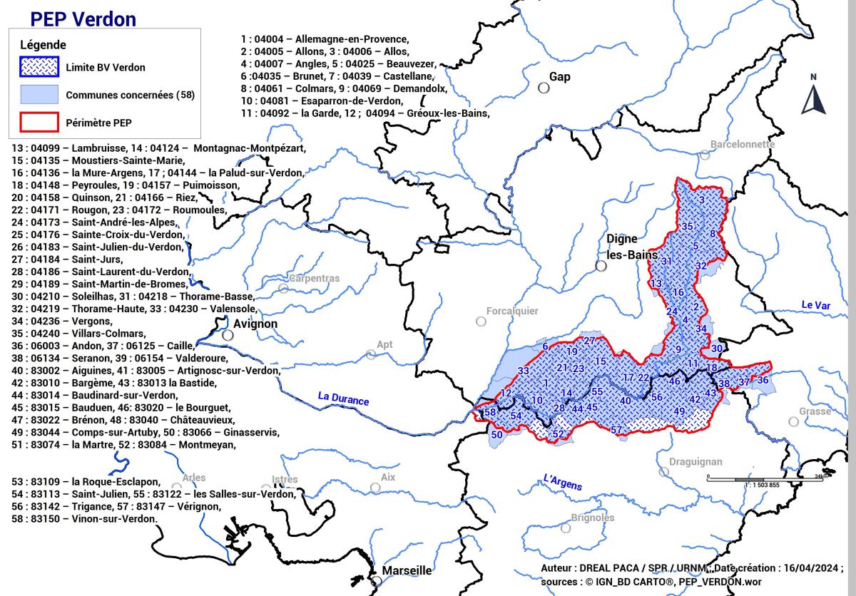 Le périmètre du programme d’actions s’étend sur 3 départements (Alpes-de-Haute-Provence, Alpes-Maritimes, Var), sur une région (Provence-Alpes-Côte d’Azur) et concerne 58 communes pour environ 33 200 habitants dont 7 984 sont exposés au titre de l’Enveloppe Approchée des Inondations Potentielles des cours d’eau (EAIP_ce).