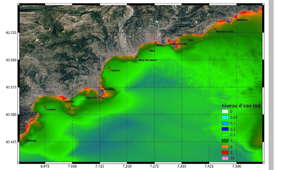 Elévation maximale du plan d’eau par agrégation de tous les scénarios simulés. © BRGM