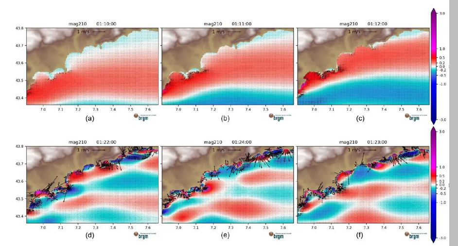 Simulation de la propagation d’un tsunami au large du littoral du département des Alpes-Maritimes. © BRGM