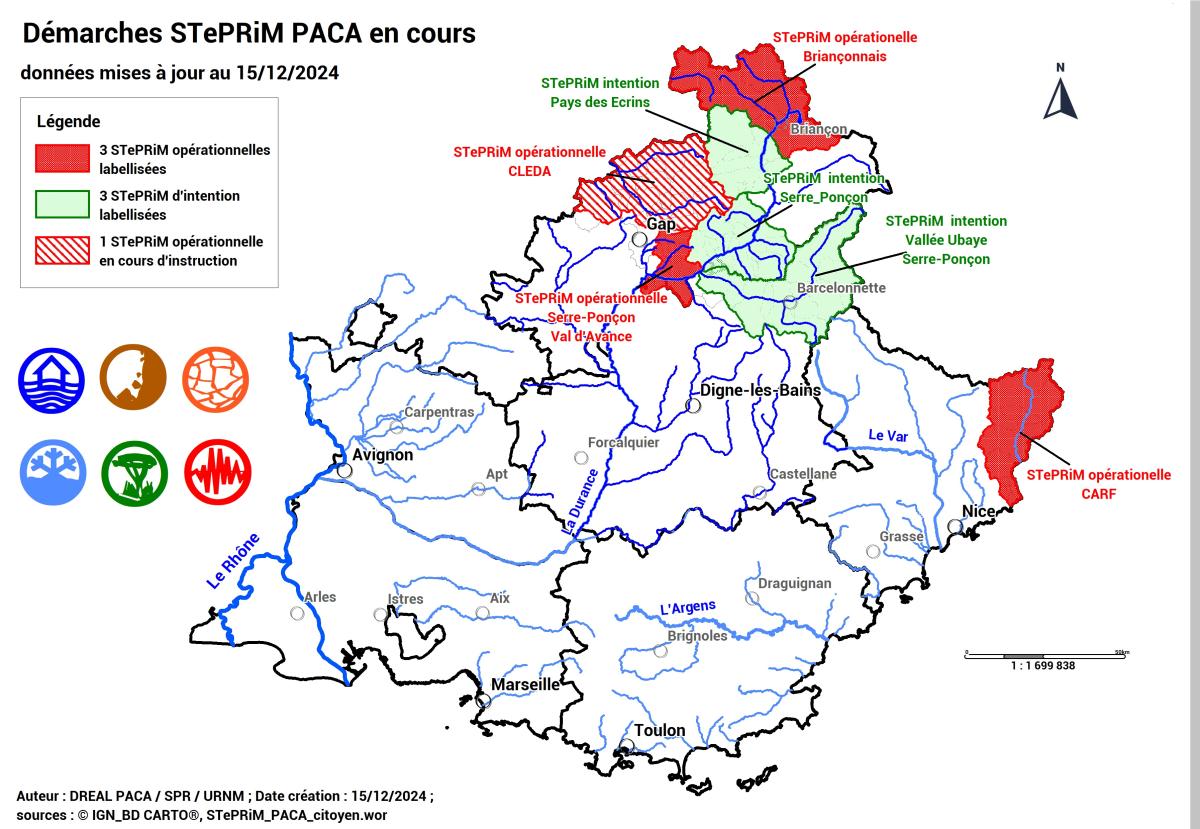 Démarches STePRiM en cours (cartographie) : 3 STePRiM d’Intention et 3 STePRiM complète labellisées au sein de la région PACA. 3 StePRiM d’Intention terminées et poursuivies par des STePRiM opérationnelles dont 2 labellisées et une en cours d’instruction.