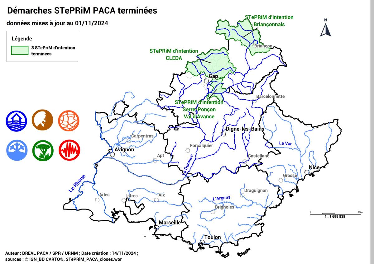 4 STePRiM d’intention, labellisées en 2020, sont terminées et ont été remplacées par des STePRiM opérationnelles permettant ainsi de poursuivre les actions opérationnelles de gestion intégrée des risques de montagne visant à réduire les conséquences dommageables de ces évènements sur la santé humaine, les biens, les activités économiques et l’environnement. Elles sont localisées dans les Hautes-Alpes.