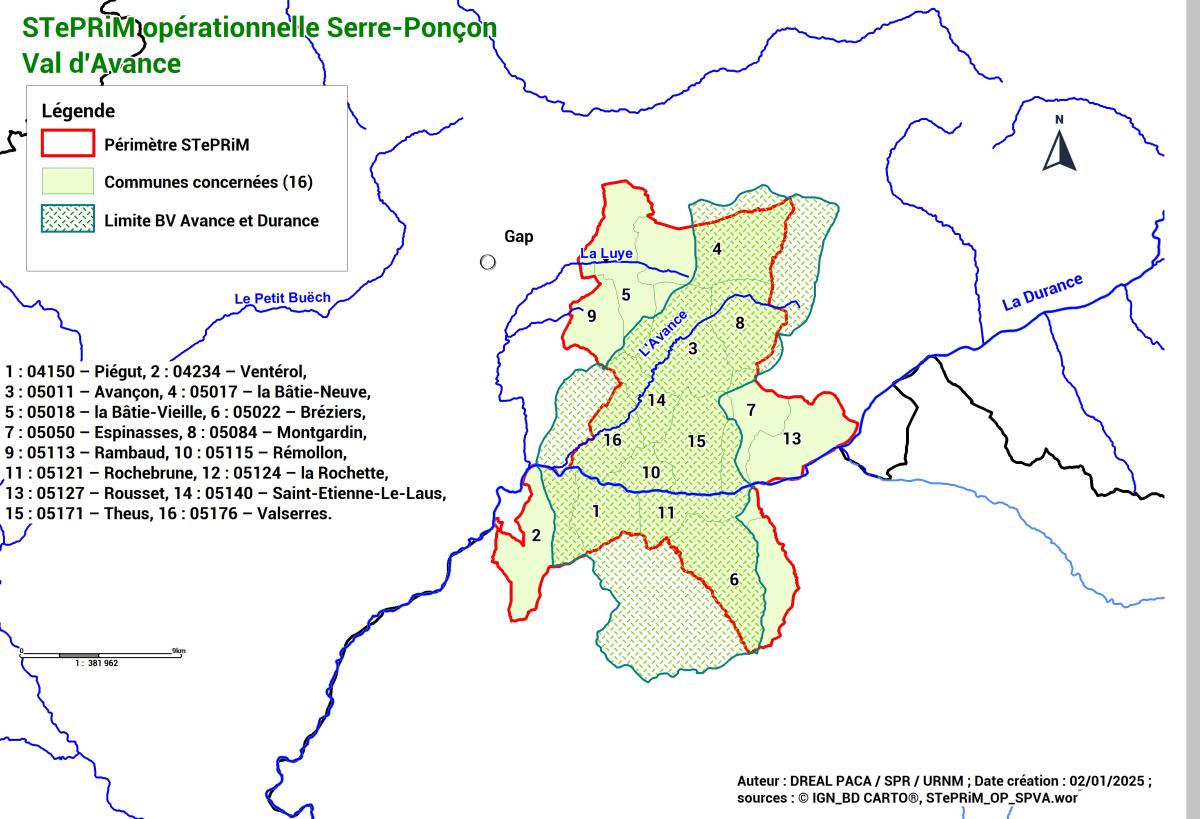 La STePRiM opérationnelle SPVA s’étend sur 16 communes réparties entre les Hautes-Alpes et les Alpes-de-Haute-Provence qui représentent environ 8 000 habitants. 