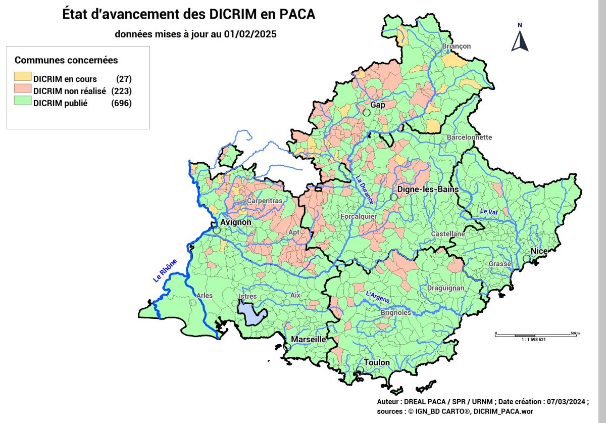 Cartographie de l'état d'avancement des DICRIM en PACA : 696 publiés, 27 en cours et 223 non réalisés