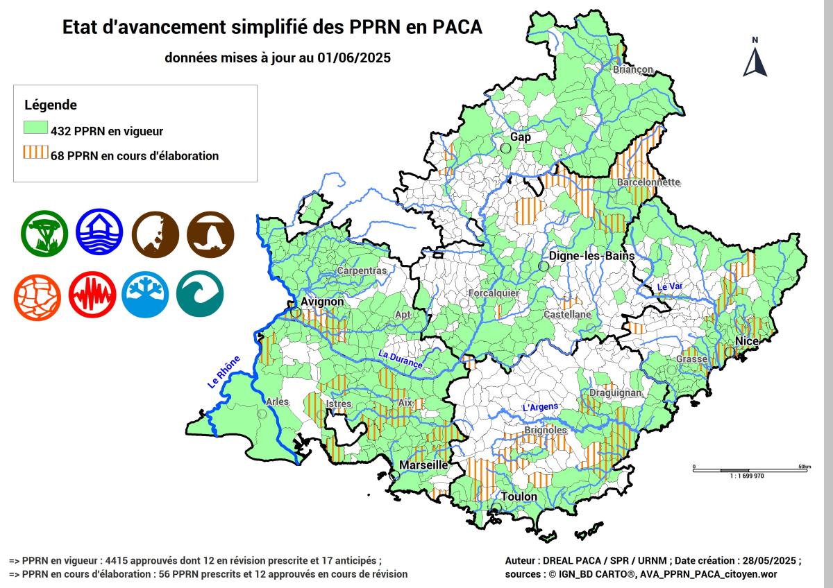 Localisation géographique des PPRN => 432 PPRN en vigueur sur l'ensemble des dpts 05, 13 & 84 ; sur le littoral des dpts 06 & 83 ; dans le BV de la Durance et du Verdon pour le dpt 04 et autour des BV de la Roya, de la Tinée et de la Vésubie pour le dpt 06 ; 68 PPRN en cours d'élaboration en majorité dans les dpts 06, 13, 83 & 84