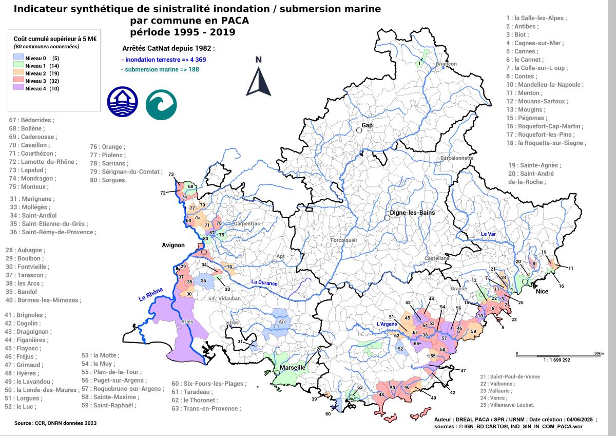 On compte 80 communes dites à « forte sinistralité Inondation » sur la région PACA, dont le coût cumulé est supérieur à 5 M€, regroupées dans les départements des Alpes-Maritimes, des Bouches-du-Rhône, du Var et de Vaucluse.