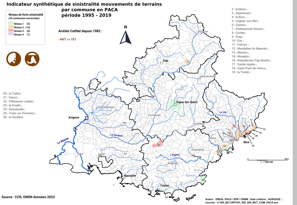 Carte régionale des communes à forte sinistralité mouvements de terrain (ONRN, données 2023) => 26 communes concernées réparties comme suit : 1 dans le DPT 04, 1 dans le DPT 05, 20 dans le DPT 06 et 4 dans le DPT 83