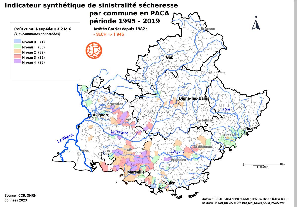 136 communes sont classées à forte sinistralité " sécheresse " réparties comme suit :  8 dans le DPT 04, 17 dans le DPT 06, 53 dans le DPT 13, 31 dans le DPT 83 et 27 dans le DPT 84