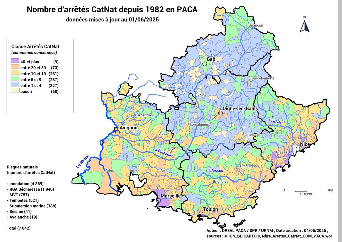 Depuis 1982, 7 842 reconnaissances Cat Nat ont été déclarées sur la région Provence-Alpes-Côte d’Azur, tout aléa confondu. La majorité des arrêtés concerne les catastrophes liées à des inondations terrestres ou de la sécheresse. On les retrouve essentiellement dans les départements littoraux et en Vaucluse.  (Répartition cartographique du nombre d'arrêtés CAT NAT par commune depuis 1982)