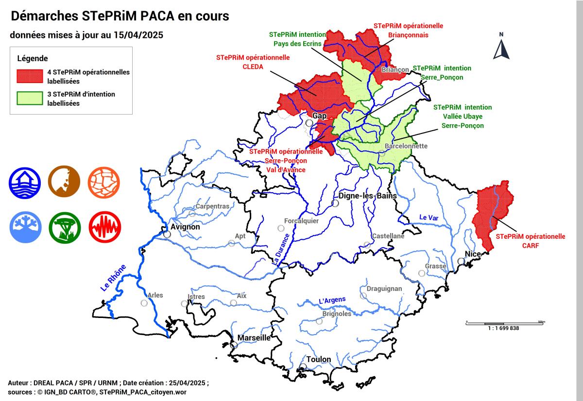 Démarches STePRiM en cours (cartographie) : 3 STePRiM d’Intention et 4 STePRiM complète labellisées au sein de la région PACA.