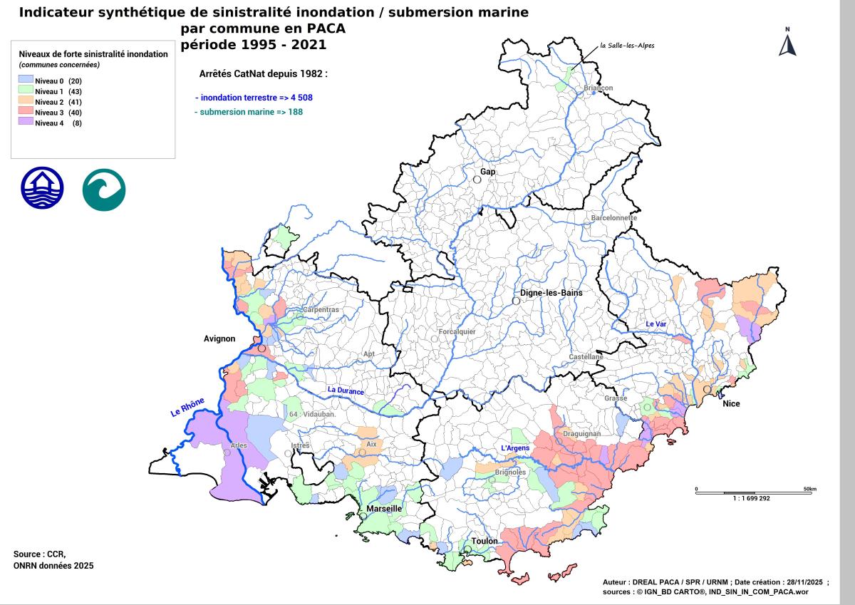 On compte 152 communes dites à « forte sinistralité Inondation » sur la région PACA, dont le coût cumulé est supérieur à 2 M€, regroupées dans les départements des Hautes-Alpes, des Alpes-Maritimes, des Bouches-du-Rhône, du Var et de Vaucluse.  Parmi ces communes on en dénombre 48 dites à « forte sinistralité Inondation » de niveaux 3 et 4 : 19 communes dans les Alpes-Maritimes ; 5 dans les Bouches-du-Rhône, 18 dans le Var et 6 en Vaucluse