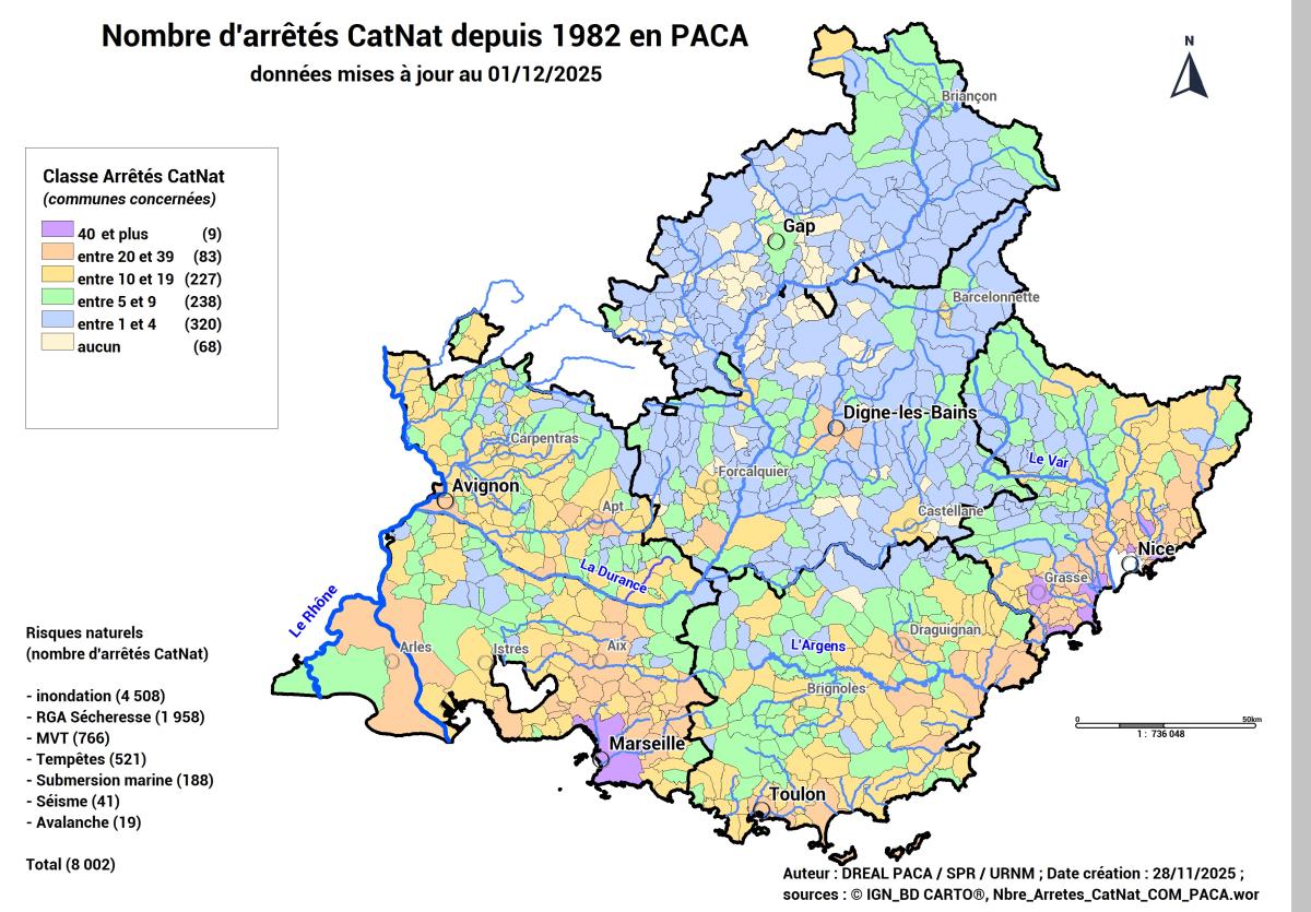Depuis 1982, 8 002 reconnaissances Cat Nat ont été déclarées sur la région Provence-Alpes-Côte d’Azur, tout aléa confondu. La majorité des arrêtés concerne les catastrophes liées à des inondations terrestres ou de la sécheresse. Les départements des Alpes-Maritimes, des Bouches-du-Rhône, du Var et de Vaucluse sont les plus impactés avec près de 88 % des 8 002 arrêtés publiés au Journal Officiel.  (Répartition cartographique du nombre d'arrêtés CAT NAT par commune depuis 1982)