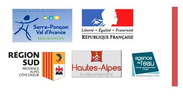 Logos des Partenaires financiers STePRiM opérationnelle SPVA => CC SPVA, Etat, Conseil régional PACA, Département 05, Agence de l'Eau RMC